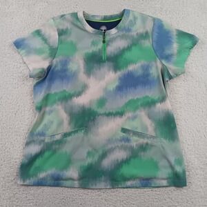 HH Works Scrub Top Ivy Women XL Green Multi Abstract Zip Neck HH911